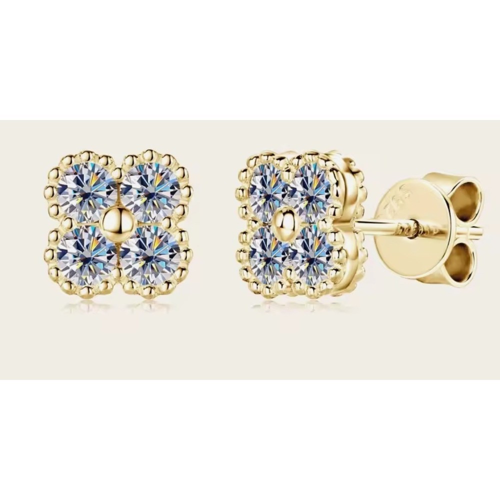 14k Gold Plated Moissanite Clover Stud Earrings | Sterling Silver Posts